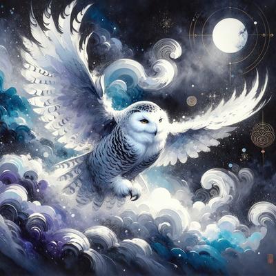 The primary subject of the image is a white owl with a black face, flying through a cloudy blue sky. The owl is surrounded by a whimsical and artistic environment, with a moon visible in the background. The visual style of the image is a combination of digital art and illustration, creating a unique and captivating scene. The colors and mood of the image are predominantly blue and white, with a touch of black, giving it a serene and dreamy atmosphere.